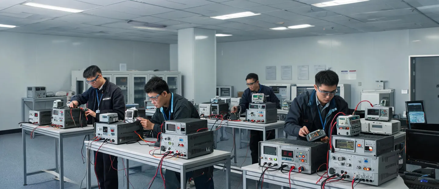 Power electronics engineering team in test facility