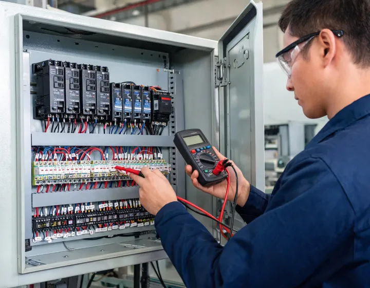 DIN rail power supplies installed in an industrial control cabinet