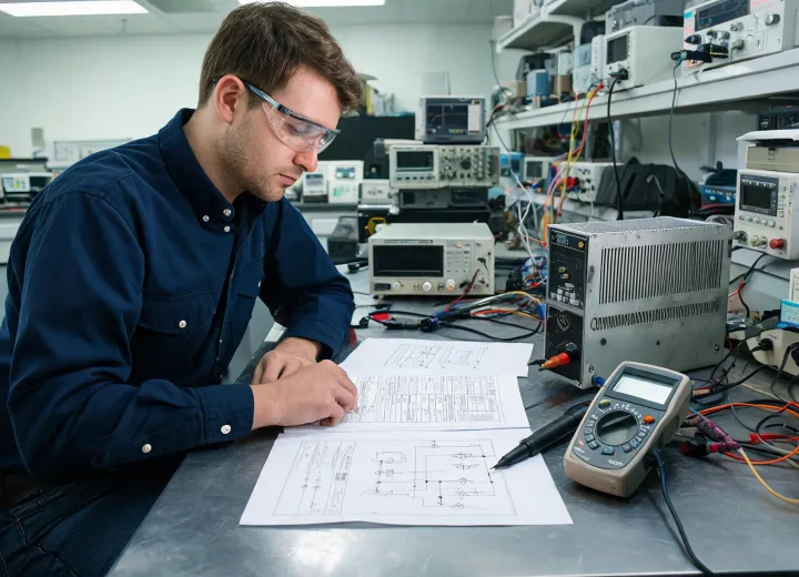 Engineer reviewing power supply wiring and thermal data